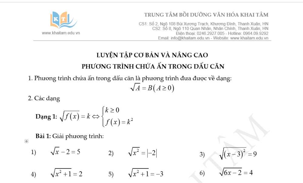 Toán 9: Tài liệu Ôn thi vào 10. Chuyên đề: Phương trình chứa ẩn trong dấu căn